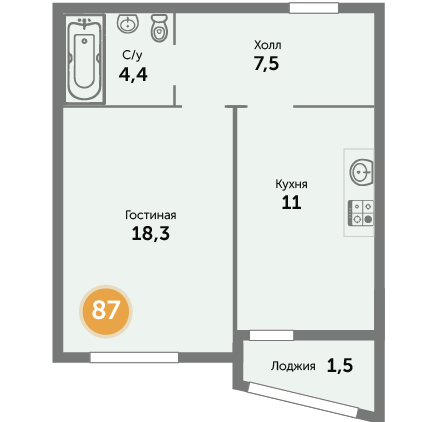Квартира №87, 1-комнатная, 43.64 м², 4 этаж - планировка, ЖК на ул. Окружной, 1 дом