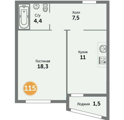 Квартира №115, 1-комнатная, 43.64 м², 3 этаж - планировка, ЖК на ул. Окружной, 1 дом