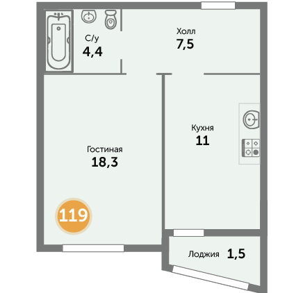Квартира №119, 1-комнатная, 43.64 м², 4 этаж - планировка, ЖК на ул. Окружной, 1 дом