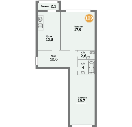 Квартира №109, 2-комнатная, 71.7 м², 2 этаж - планировка, ЖК на ул. Окружной, 1 дом