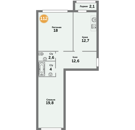 Квартира №112, 2-комнатная, 71.8 м², 2 этаж - планировка, ЖК на ул. Окружной, 1 дом