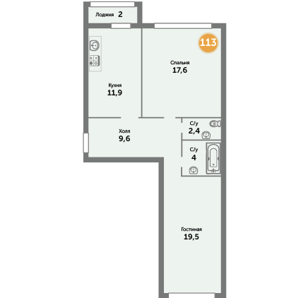 Квартира №113, 2-комнатная, 69.12 м², 3 этаж - планировка, ЖК на ул. Окружной, 1 дом