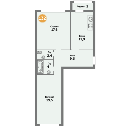 Квартира №132, 2-комнатная, 69.12 м², 7 этаж - планировка, ЖК на ул. Окружной, 1 дом