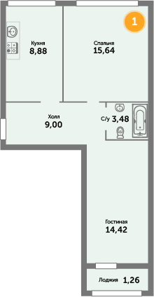 Квартира №1, 2-комнатная, 52.68 м², 1 этаж - планировка, ЖК на ул. Окружной, 2 дом