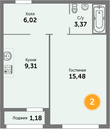 Квартира №2, 1-комнатная, 35.36 м², 1 этаж - планировка, ЖК на ул. Окружной, 2 дом