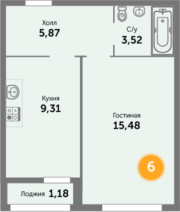 Квартира №6, 1-комнатная, 35.36 м², 2 этаж - планировка, ЖК на ул. Окружной, 2 дом
