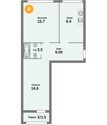 Квартира №8, 2-комнатная, 56.7 м², 2 этаж - планировка, ЖК на ул. Окружной, 2 дом