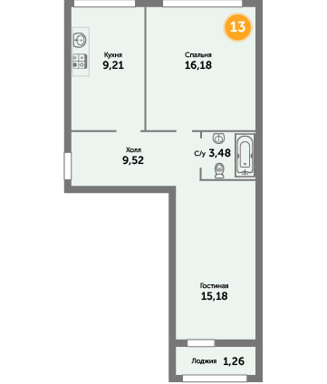 Квартира №13, 2-комнатная, 54.83 м², 4 этаж - планировка, ЖК на ул. Окружной, 2 дом