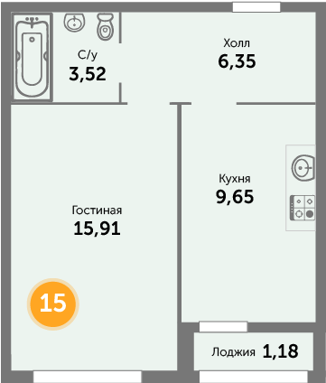 Квартира №15, 1-комнатная, 36.61 м², 4 этаж - планировка, ЖК на ул. Окружной, 2 дом