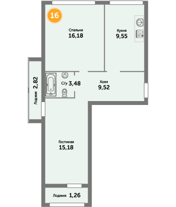 Квартира №16, 2-комнатная, 57.99 м², 4 этаж - планировка, ЖК на ул. Окружной, 2 дом