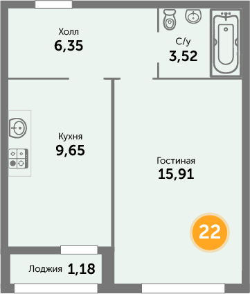 Квартира №22, 1-комнатная, 36.61 м², 6 этаж - планировка, ЖК на ул. Окружной, 2 дом