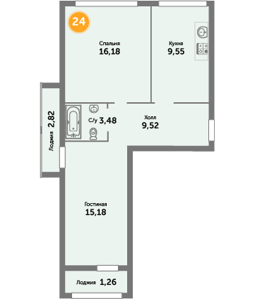 Квартира №24, 2-комнатная, 57.99 м², 6 этаж - планировка, ЖК на ул. Окружной, 2 дом