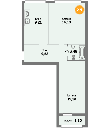 Квартира №29, 2-комнатная, 54.83 м², 8 этаж - планировка, ЖК на ул. Окружной, 2 дом