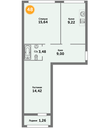 Квартира №48, 2-комнатная, 35.36 м², 3 этаж - планировка, ЖК на ул. Окружной, 2 дом
