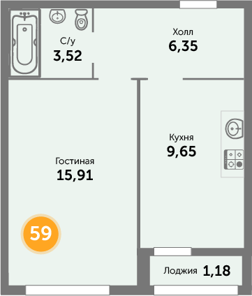 Квартира №59, 1-комнатная, 36.61 м², 6 этаж - планировка, ЖК на ул. Окружной, 2 дом