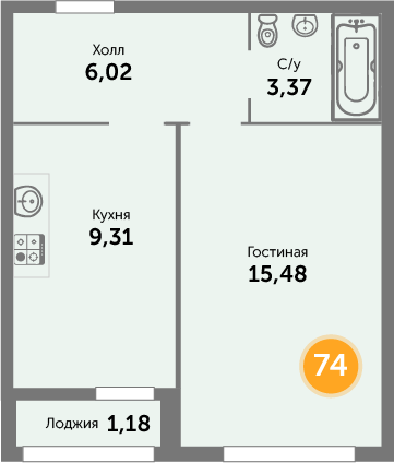 Квартира №74, 1-комнатная, 35.36 м², 1 этаж - планировка, ЖК на ул. Окружной, 2 дом