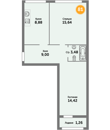 Квартира №81, 2-комнатная, 52.68 м², 3 этаж - планировка, ЖК на ул. Окружной, 2 дом
