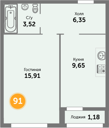 Квартира №91, 1-комнатная, 36.61 м², 5 этаж - планировка, ЖК на ул. Окружной, 2 дом