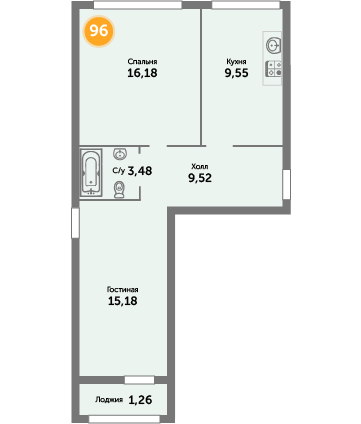 Квартира №96, 2-комнатная, 55.17 м², 6 этаж - планировка, ЖК на ул. Окружной, 2 дом