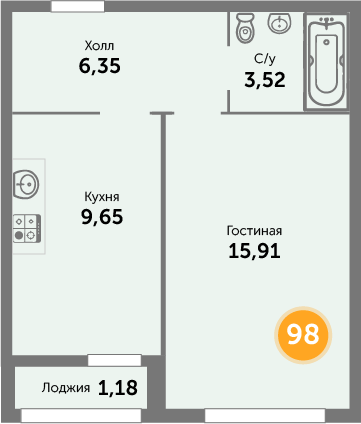 Квартира №98, 1-комнатная, 36.61 м², 7 этаж - планировка, ЖК на ул. Окружной, 2 дом