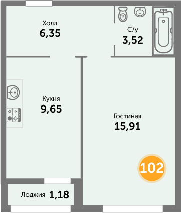 Квартира №102, 1-комнатная, 36.61 м², 8 этаж - планировка, ЖК на ул. Окружной, 2 дом