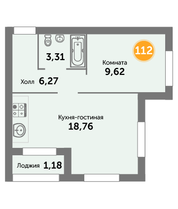 Квартира №112, 1-комнатная, 39.14 м², 1 этаж - планировка, ЖК на ул. Окружной, 2 дом