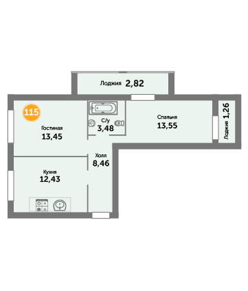 Квартира №115, 2-комнатная, 55.45 м², 2 этаж - планировка, ЖК на ул. Окружной, 2 дом