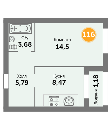 Квартира №116, 1-комнатная, 33.62 м², 2 этаж - планировка, ЖК на ул. Окружной, 2 дом