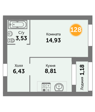 Квартира №128, 1-комнатная, 34.88 м², 4 этаж - планировка, ЖК на ул. Окружной, 2 дом