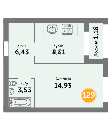 Квартира №129, 1-комнатная, 34.88 м², 4 этаж - планировка, ЖК на ул. Окружной, 2 дом