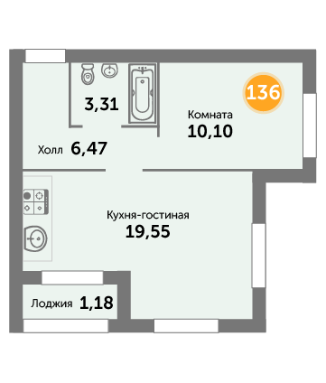 Квартира №136, 1-комнатная, 40.61 м², 5 этаж - планировка, ЖК на ул. Окружной, 2 дом