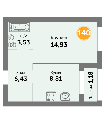 Квартира №140, 1-комнатная, 34.88 м², 6 этаж - планировка, ЖК на ул. Окружной, 2 дом