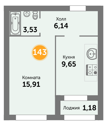 Квартира №143, 1-комнатная, 36.41 м², 6 этаж - планировка, ЖК на ул. Окружной, 2 дом
