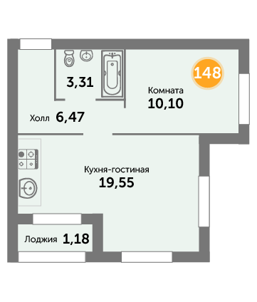 Квартира №148, 1-комнатная, 40.61 м², 7 этаж - планировка, ЖК на ул. Окружной, 2 дом