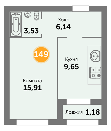 Квартира №149, 1-комнатная, 36.41 м², 7 этаж - планировка, ЖК на ул. Окружной, 2 дом
