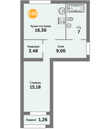 Квартира №150, 1-комнатная, 52.22 м², 7 этаж - планировка, ЖК на ул. Окружной, 2 дом