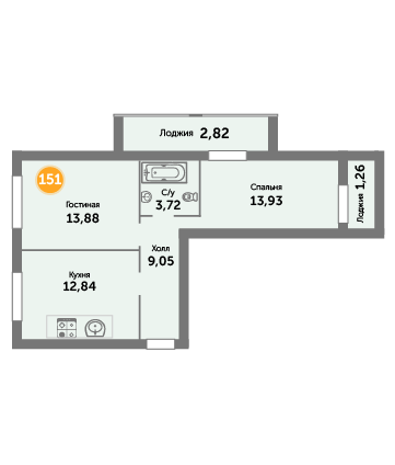 Квартира №151, 2-комнатная, 57.5 м², 8 этаж - планировка, ЖК на ул. Окружной, 2 дом