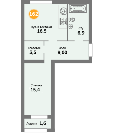 Квартира №162, 1-комнатная, 52.9 м², 9 этаж - планировка, ЖК на ул. Окружной, 2 дом