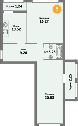 Квартира №5, 2-комнатная, 65.1 м², 2 этаж - планировка, ЖК «Кранц-Престиж» 1 дом
