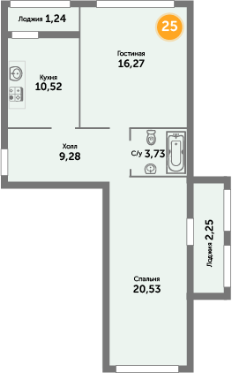 Квартира №25, 2-комнатная, 67.6 м², 7 этаж - планировка, ЖК «Кранц-Престиж» 1 дом