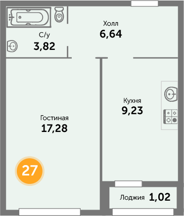 Квартира №27, 1-комнатная, 39.5 м², 7 этаж - планировка, ЖК «Кранц-Престиж» 1 дом