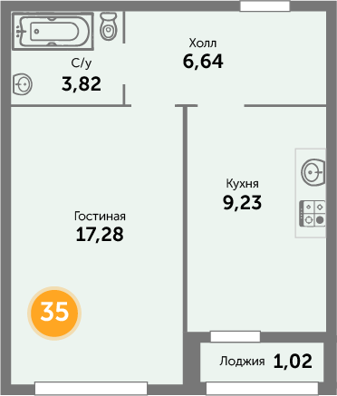 Квартира №35, 1-комнатная, 62.8 м², 9 этаж - планировка, ЖК «Кранц-Престиж» 1 дом