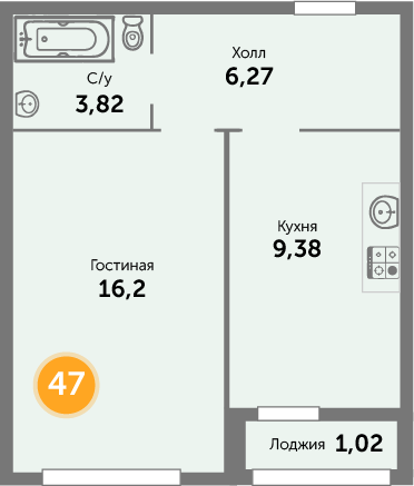 Квартира №47, 1-комнатная, 38.2 м², 3 этаж - планировка, ЖК «Кранц-Престиж» 1 дом