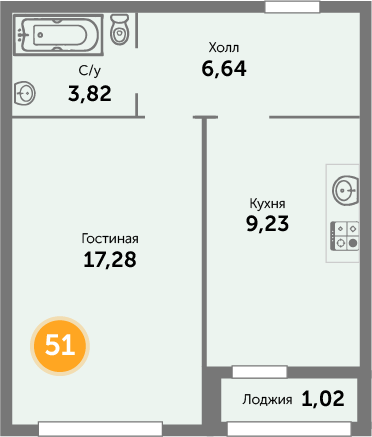 Квартира №51, 1-комнатная, 39.4 м², 4 этаж - планировка, ЖК «Кранц-Престиж» 1 дом