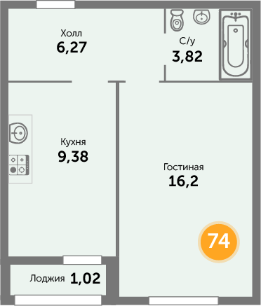 Квартира №74, 1-комнатная, 37.5 м², 1 этаж - планировка, ЖК «Кранц-Престиж» 1 дом