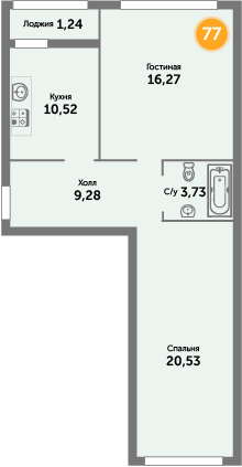 Квартира №77, 2-комнатная, 62.7 м², 2 этаж - планировка, ЖК «Кранц-Престиж» 1 дом