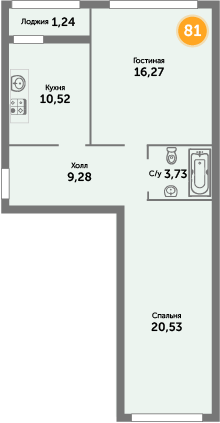 Квартира №81, 2-комнатная, 62.6 м², 3 этаж - планировка, ЖК «Кранц-Престиж» 1 дом