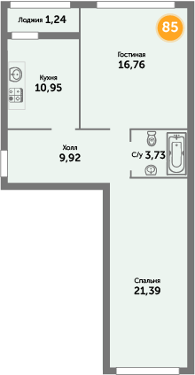 Квартира №85, 2-комнатная, 64.9 м², 4 этаж - планировка, ЖК «Кранц-Престиж» 1 дом