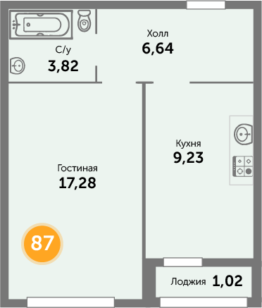 Квартира №87, 1-комнатная, 39.5 м², 4 этаж - планировка, ЖК «Кранц-Престиж» 1 дом