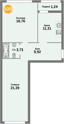 Квартира №100, 2-комнатная, 65 м², 7 этаж - планировка, ЖК «Кранц-Престиж» 1 дом